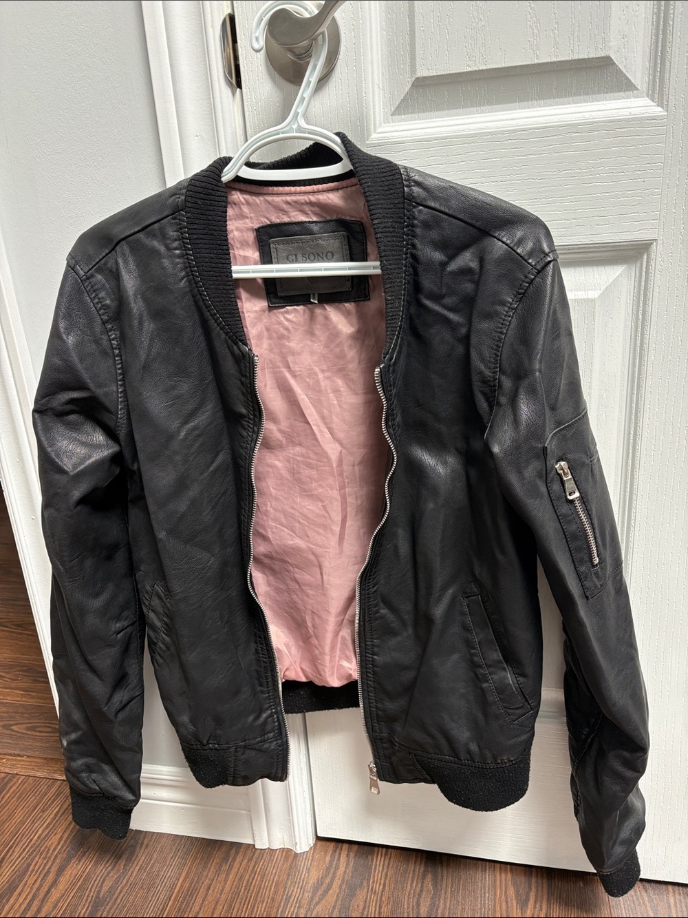 Ci Sono Black Leather Bomber Jacket with Pink Lining